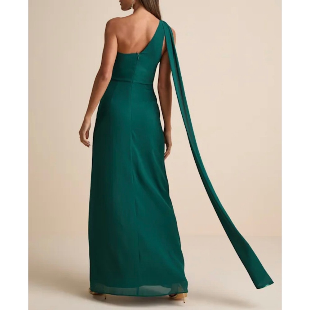Lulus Adeline Emerald One Shoulder Scarf Maxi Dress Ruched Formal Size M 2670